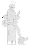  1boy absurdres arene_(arknights) arknights bishounen ear_piercing full_body greyscale halo highres jacket male_focus monochrome nail_polish phone piercing shoes short_hair sitting sketch socks solo suitcase wentao0324 wings 
