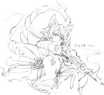  1boy animal_ears basara_(granblue_fantasy) character_name collar dog_ears erune flipped_hair ghost granblue_fantasy holding holding_weapon japanese_clothes male_focus rope shimenawa simple_background smile solo upper_body weapon white_background yuusya27 