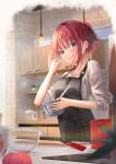  1girl apron blue_eyes blurry blurry_background chocolate day drawer earrings food fruit go-toubun_no_hanayome highres indoors jewelry ko_tachi1104 lens_flare licking_lips light_bulb looking_at_viewer mixing_bowl nakano_nino ponytail red_air shirt short_hair short_ponytail solo spatula standing strawberry tongue tongue_out white_shirt 