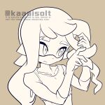  1girl bangs closed_mouth frown head_tilt highres holding holding_hair inkling kaaaisolt looking_to_the_side monochrome pointy_ears simple_background solo splatoon_(series) tank_top tentacle_hair twitter_username upper_body white_background white_hair 