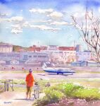  1boy aircraft airfield airplane architecture artist_name bare_tree blue_sky building clouds cloudy_sky commentary_request day grass hat marine-island mountain outdoors painting_(medium) real_life real_world_location scenery signature sky solo traditional_media tree watercolor_(medium) wide_shot 