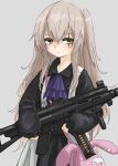  1girl bangs black_dress blush closed_mouth commentary_request cowboy_shot dress expressionless fuku_(fuku12290574) girls_frontline grey_background grey_hair gun h&amp;k_ump45 hair_between_eyes highres holding holding_gun holding_weapon long_hair long_sleeves official_alternate_costume one_side_up scar scar_across_eye scar_on_face simple_background solo ump45_(agent_lop_rabbit)_(girls&#039;_frontline) ump45_(girls&#039;_frontline) weapon younger 