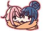  2girls :d :o ahoge bangs blue_eyes blue_hair blush_stickers cheek-to-cheek chibi cropped_shoulders dark_blue_hair eye_contact eyebrows eyebrows_visible_through_hair fringe_trim from_side gradient_eyes hair_between_eyes heads_together heart jaggy_lines kagamihara_nadeshiko looking_at_another looking_to_the_side multicolored_eyes multiple_girls no_nose open_mouth orange_scarf outline parted_lips pink_hair pink_outline portrait scarf shared_scarf shima_rin side-by-side simple_background smile swept_bangs tareme violet_eyes white_background yoru_nai yurucamp 
