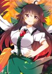  1girl arm_cannon bird_wings black_hair black_wings blush bow breasts brown_eyes cape center_frills collared_shirt eyebrows_visible_through_hair frilled_shirt_collar frills green_bow green_skirt hair_bow highres long_hair puffy_short_sleeves puffy_sleeves red_eyes reiuji_utsuho shirt short_sleeves skirt smile solo starry_sky_print third_eye touhou weapon white_cape white_shirt wings zeroko-san_(nuclear_f) 
