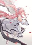  1girl :| absurdres azur_lane blurry blurry_foreground closed_mouth detached_sleeves dress eyebrows_behind_hair falling_petals frilled_dress frills full_body gradient gradient_background headdress highres long_hair perseus_(azur_lane) petals pink_hair single_wing solo twintails white_dress white_legwear white_sleeves white_wings wings you_zhaqi 