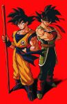  2boys absurdres armor bardock black_eyes black_hair dougi dragon_ball dragon_ball_(classic) dragon_ball_z father_and_son full_body highres holding holding_polearm holding_weapon looking_at_viewer male_focus monkey_tail multiple_boys muscular nyoibo polearm red_background relio_db318 saiyan saiyan_armor scar scar_on_face short_hair simple_background smile son_goku spiky_hair staff standing straight-on tail weapon 