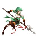  1girl armor bangs belt boots breastplate closed_mouth dress elbow_gloves eyebrows_visible_through_hair fingerless_gloves fire_emblem fire_emblem:_thracia_776 fire_emblem_heroes full_body gloves gold_trim green_dress green_eyes green_hair highres holding holding_weapon karin_(fire_emblem) knee_pads looking_away non-web_source official_art pantyhose polearm shiny shiny_clothes shiny_hair short_dress short_hair short_sleeves shoulder_armor smile solo spear thigh-highs thigh_boots transparent_background uroko_(mnr) weapon 