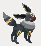  animal_focus black_fur closed_mouth commentary_request dedenne_nimphia fluffy from_side full_body highres looking_to_the_side no_humans pokemon pokemon_(creature) red_eyes solo standing umbreon 