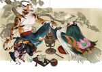  3boys animal_ears animal_hands atie1225 baggy_pants bandages bird_tail black_hair blonde_hair branch chinese_clothes chinese_zodiac claws cup feathered_wings feathers foot_wraps fur hair_bun hanfu harpy_boy holding holding_cup lying male_focus monster_boy multiple_boys original pants robe scar scar_on_cheek scar_on_face scar_on_neck sharp_teeth snake tail tea teacup teapot teeth tiger_boy tiger_ears tiger_stripes tree under_tree watercolor_background wings yawning 