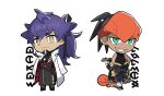  2boys alternate_costume bangs black_gloves black_ribbon chibi closed_mouth clothes_around_waist coat coat_on_shoulders commentary_request crossed_arms fingerless_gloves gloves green_eyes grin hair_ribbon half-closed_eyes hand_on_hip hand_up headband leon_(pokemon) male_focus multiple_boys orange_headband ou_negi pokemon pokemon_(creature) pokemon_(game) pokemon_swsh ponytail raihan_(pokemon) red_sash ribbon sash simple_background sleeveless smile standing teeth tied_hair trapinch white_background white_coat 