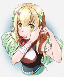  1girl adjusting_hair ahoge arms_up bandaged_arm bandages bangs bare_shoulders belt blonde_hair blush braid braiding_hair breasts dress elf eyebrows_visible_through_hair flower frills gradient_hair green_eyes green_hair hair_flower hair_ornament hairdressing highres juansimba97 long_hair looking_at_viewer medium_breasts multicolored_hair neck_ribbon open_belt pink_flower pointy_ears ribbon saohime_yue shirt side_braid sidelocks sleeveless sleeveless_dress sleeveless_shirt solo twitter_username underbust upper_body virtual_youtuber wactor_production white_flower white_shirt 