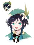  1boy absurdres androgynous aqua_eyes aqua_hair beret black_hair bow braid chibi collared_cape commentary derivative_work english_commentary evelgie flower genshin_impact gradient_hair green_headwear hat hat_flower highres looking_at_viewer multicolored_hair multiple_views open_mouth portrait reference_inset short_hair_with_long_locks side_braids signature simple_background smug twin_braids twitter_username venti_(genshin_impact) white_background white_flower 