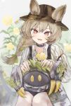  1girl :d arknights bangs beanstalk_(arknights) black_headwear bow braid brown_hair collared_shirt commentary_request ears_through_headwear eyebrows_visible_through_hair feet_out_of_frame flower green_bow green_ribbon hair_between_eyes hair_bow highres kataageteto long_hair looking_at_viewer metal_crab_(arknights) red_eyes ribbon shirt single_braid sitting smile striped striped_shirt vertical-striped_shirt vertical_stripes white_shirt yellow_flower 