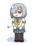  black_legwear blue_eyes commentary_request full_body grey_sailor_collar grey_skirt hair_ornament hair_over_one_eye hairclip hama!_(3toshinhmkz) hamakaze_(kancolle) kantai_collection looking_down neckerchief no_nose pantyhose pleated_skirt sad sailor_collar school_uniform serafuku short_hair silver_hair simple_background skirt standing white_background yellow_neckerchief 