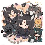  1boy 2girls animal animal_ears arknights arm_up armor bangs beads belt_buckle black_hair blue_horns blush_stickers bowl buckle cat chibi chopsticks closed_eyes closed_mouth commentary_request doctor_(arknights) dog_ears dog_girl dog_tail dragon_girl dragon_horns drooling dusk_(arknights) fingerless_gloves geta gloves hair_over_one_eye heart holding holding_chopsticks holding_weapon hood hood_down horns japanese_clothes kimono kyou_039 long_hair long_sleeves multiple_girls multiple_views naginata necktie notice_lines open_mouth phone pointy_ears polearm prayer_beads praying rainbow red_eyes red_necktie rice rice_bowl saga_(arknights) saliva speech_bubble star_(symbol) sweatdrop tabi tail teeth uwu weapon white_background wrist_guards yellow_eyes 