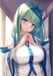  1girl bangs bare_shoulders blue_eyes blurry blurry_background blush breasts closed_mouth depth_of_field detached_sleeves dot_nose eyebrows_visible_through_hair green_hair hands_up head_tilt highres kochiya_sanae large_breasts liya long_hair long_sleeves looking_at_viewer midriff overexposure sleeves_past_elbows smile solo steepled_fingers touhou upper_body wide_sleeves wing_collar 
