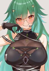  1girl bangs bare_shoulders black_gloves breasts character_request eyebrows_visible_through_hair glasses gloves green_hair grey_background hair_between_eyes hand_up highres huge_breasts jewelry kitakouji_hisui light_blue_hair long_hair looking_at_viewer microphone nijisanji official_alternate_costume orange_eyes pendant sharp_teeth simple_background sleeveless solo straight-on teeth tyoko_tanuki16 upper_body virtual_youtuber 