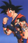  1990s_(style) black_eyes black_hair blue_background brothers child clenched_hand dougi dragon_ball dragon_ball_z father_and_son long_sleeves male_focus muscular muscular_male non-web_source official_art open_mouth purple_hair retro_artstyle saiyan scan siblings simple_background sleeveless smile son_gohan son_goku son_goten spiky_hair wristband 