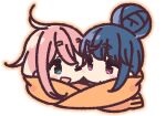  2girls ;d ahoge bangs blue_eyes blue_hair blush_stickers cheek-to-cheek chibi cropped_shoulders dark_blue_hair eye_contact eyebrows eyebrows_visible_through_hair fringe_trim from_side gradient_eyes hair_between_eyes heads_together heart jaggy_lines kagamihara_nadeshiko looking_at_another looking_to_the_side multicolored_eyes multiple_girls no_nose one_eye_closed open_mouth orange_outline orange_scarf outline pink_hair portrait scarf shared_scarf shima_rin side-by-side simple_background smile swept_bangs tareme violet_eyes white_background yoru_nai yurucamp 