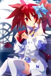  1girl absurdres bangs blush chocolate demon_girl demon_tail demon_wings detached_sleeves disgaea disgaea_rpg earrings etna eyebrows_visible_through_hair highres jewelry nanozenzen pointy_ears red_eyes red_wings redhead saint_etna sitting slit_pupils solo tail thigh-highs twintails valentine white_legwear wings 