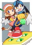  1boy 1girl animal_ears blue_eyes blue_headwear furry gloves hat io_naomichi jewelry kaze_no_klonoa klonoa lolo_(klonoa) looking_at_viewer no_humans open_mouth ring smile tail teeth upper_teeth yellow_eyes yellow_gloves 