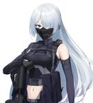 1girl ak-15 ak-15_(girls&#039;_frontline) assault_rifle black_gloves braid breasts clothing_cutout covered_mouth dlarudgml21 elbow_gloves french_braid girls_frontline gloves gun hair_over_one_eye highres kalashnikov_rifle long_hair mask medium_breasts navel rifle silver_hair solo stomach_cutout tactical_clothes upper_body violet_eyes weapon 