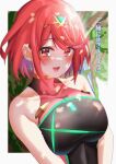  1girl :d absurdres bangs black_swimsuit bob_cut border breasts earrings highres jewelry looking_at_viewer one-piece_swimsuit open_mouth pyra_(pro_swimmer)_(xenoblade) pyra_(xenoblade) red_eyes redhead short_sleeves slope_(check238) smile swimsuit tiara white_border xenoblade_chronicles_(series) xenoblade_chronicles_2 
