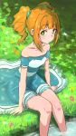  1girl blue_dress commentary dress green_eyes highres idolmaster idolmaster_(classic) knees looking_at_viewer ms_rinmoku orange_hair sitting solo submerged takatsuki_yayoi twintails water 