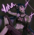  1girl arcane:_league_of_legends ateli_er bare_shoulders blue_hair braid breasts chair commentary_request feet_out_of_frame full_body gloves highres jinx_(league_of_legends) league_of_legends long_hair looking_at_viewer sitting small_breasts solo tattoo thigh-highs twin_braids 