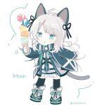  1girl :o ahoge animal_ears arknights bangs black_jacket black_legwear blue_eyes cat_ears cat_girl cat_tail character_name chibi commentary_request dress eyebrows_visible_through_hair food full_body grey_hair holding holding_food ice_cream ice_cream_cone jacket long_sleeves mint_(arknights) naguru_(cyoroama) open_clothes open_jacket parted_lips shoes sleeves_past_wrists solo standing tail thigh-highs twitter_username white_background white_dress white_footwear 