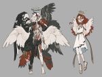  2girls angel angel_wings arms_behind_back asymmetrical_arms asymmetrical_wings barefoot blue_eyes claws full_body grey_background halo head_wings highres jewelry juanmao looking_at_viewer multiple_girls multiple_wings necklace original pale_skin redhead sandals smile wings 