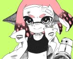  1girl bandaid bandaid_on_face closed_mouth crying crying_with_eyes_open green_background headgear highres holding holding_water_gun inkling jacket looking_at_viewer pink_hair pointy_ears sanfish_72 short_hair splatoon_(series) tank_top tears tentacle_hair upper_body water_gun 