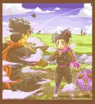  1boy 1girl black_hair blush bodysuit bridge closed_mouth clouds commentary_request day father_and_daughter fishnet_bodysuit fishnets grass hands_up janine_(pokemon) koga_(pokemon) lowres makita_(mugitya3776) ninja orange_scarf outdoors own_hands_together pants pigeon-toed pokemon pokemon_(creature) pokemon_(game) pokemon_frlg pokemon_hgss river scarf short_ponytail short_sleeves sky smoke spiky_hair stairs standing tied_hair venonat water wavy_mouth younger 