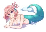  1girl blush closed_eyes collarbone commentary_request fins hair_between_eyes hair_ornament hand_on_own_cheek hand_on_own_face head_fins highres inari_hisato jewelry looking_at_viewer lying mermaid monster_girl on_stomach original pearl_(gemstone) pink_hair shell shell_bikini short_hair smile solo 