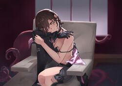  1girl absurdres armchair bangs black_bodysuit black_bra black_choker black_gloves blush bodysuit bodysuit_pull bra bra_strap breasts brown_hair chair choker closed_mouth eyebrows_visible_through_hair girls&#039;_frontline_neural_cloud girls_frontline gloves hair_ornament hairclip hatsuchiri_(girls&#039;_frontline_nc) highres light_brown_eyes long_hair looking_at_viewer octopus simple_background single_glove sitting small_breasts solo tentacles underwear user_wfpz3258 window 