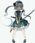  1girl bangs black_bow black_bowtie black_footwear black_hairband bow bowtie buttons closed_mouth eyebrows_visible_through_hair full_body ghost green_eyes green_skirt green_vest grey_hair hairband highres holding holding_sword holding_weapon konpaku_youmu konpaku_youmu_(ghost) multiple_swords otomo_no_sachi sheath shirt short_hair short_sleeves simple_background skirt solo standing sword sword_behind_back touhou vest weapon white_background white_legwear white_shirt 