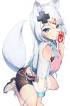  1girl absurdres animal_ears ankle_strap apex_legends bangs bare_legs black_shorts blue_eyes blue_necktie breasts card center_opening closed_mouth clothing_cutout commentary_request copyright_name eyebrows_visible_through_hair eyelashes feet forehead fox_ears fox_girl fox_tail grey_hair hair_ornament hand_up highres holding holding_card large_breasts legs_folded long_hair long_sleeves looking_at_viewer necktie original oukafafafa pants parted_bangs puffy_long_sleeves puffy_sleeves see-through_sleeves shorts smile solo spread_legs squatting tail tail_raised tight tight_pants v-shaped_eyebrows virtual_youtuber white_hair 