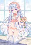  1girl babydoll bangs blue_hair blush bouquet commentary english_commentary eyebrows_visible_through_hair flower frilled_panties frills hair_between_eyes highres holding holding_bouquet lolita_fashion long_hair navel original panties parted_lips pink_flower pink_rose rose see-through shoes solo thigh-highs underwear very_long_hair violet_eyes white_footwear white_legwear white_panties window wrist_cuffs yuuki_rika 
