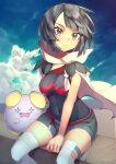  1girl belt black_hair black_shirt breasts cloak closed_mouth clouds commentary_request covered_navel day grey_legwear grey_shorts highres medium_breasts outdoors pokemon pokemon_(creature) pokemon_(game) pokemon_oras red_belt rindoriko rope_belt shirt short_hair short_shorts shorts sitting sky thigh-highs whismur zinnia_(pokemon) 