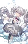  1girl bangs black_legwear blue_eyes bubble dress grey_hair hand_on_own_chest hatsune_miku heterochromia highres iku2727 long_hair long_sleeves project_sekai single_thighhigh solo thigh-highs twintails very_long_hair violet_eyes vocaloid water white_dress 