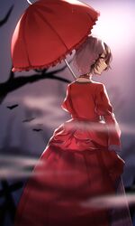  1girl akujiki_musume_conchita_(vocaloid) aryuma772 banica_conchita bat blurry blurry_background brown_hair choker closed_mouth dress evillious_nendaiki frilled_umbrella from_behind highres holding holding_umbrella long_dress long_sleeves meiko orange_eyes red_dress red_umbrella short_hair solo tombstone umbrella veil vocaloid 