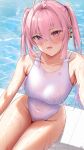  1girl absurdres breasts covered_navel eyebrows_visible_through_hair from_above hair_between_eyes highres large_breasts long_hair looking_at_viewer looking_up one-piece_swimsuit original pink_hair poolside ryudraw sitting solo swimsuit violet_eyes water wet wet_clothes wet_swimsuit white_swimsuit 