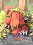  1other aomon_(yuuji7604) claws commentary day digimon digimon_(creature) dinosaur dinosaur_tail drinking forest grass guilmon highres lake lizard nature reflection reflective_water rock solo tail tree water 