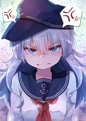  1girl absurdres anchor_symbol anger_vein black_headwear black_sailor_collar blue_eyes commentary_request flat_cap hat hibiki_(kancolle) highres kantai_collection long_hair looking_at_viewer neckerchief red_neckerchief sailor_collar silver_hair solo spoken_anger_vein taisho_(gumiyuki) upper_body 