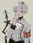  1boy arknights armband bangs bishounen coat english_text fuco green_eyes index_finger_raised looking_at_viewer mephisto_(arknights) open_mouth shirt short_hair simple_background smile solo upper_body white_coat white_hair 