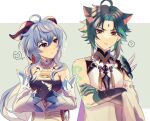  1boy 1girl ahoge ako_(zlzdf) animal_ears arm_tattoo asymmetrical_clothes bangs bead_necklace beads bell black_bodysuit blue_hair bodysuit brown_eyes cat_boy cat_ears crossed_arms detached_sleeves eyeshadow facial_mark forehead_mark ganyu_(genshin_impact) genshin_impact gloves goat_horns green_hair horns jewelry long_hair low_ponytail makeup multicolored_hair neck_bell necklace parted_bangs red_eyeshadow short_hair_with_long_locks tattoo two-tone_hair violet_eyes xiao_(genshin_impact) 