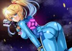  ass blonde_hair blue_bodysuit blue_eyes bodysuit breasts cowboy_shot highres impossible_bodysuit impossible_clothes large_breasts looking_at_viewer maroonabyss metroid metroid_(classic) nintendo paralyzer ponytail samus_aran skin_tight zero_suit 