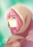  1girl aryuma772 bangs blue_eyes blurry blurry_background closed_mouth eyebrows_visible_through_hair from_side hair_between_eyes highres hood hood_up lens_flare long_hair megurine_luka pink_hair profile shiny shiny_hair smile solo upper_body vocaloid 