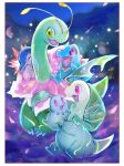  :d bayleef border chikorita commentary_request cyndaquil evolutionary_line glowing happy kantarou_(8kan) meganium night open_mouth outdoors petals pokemon pokemon_(creature) smile totodile white_border yellow_eyes 