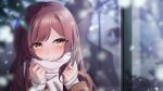  1girl absurdres bangs blurry blurry_foreground blush brown_coat brown_hair closed_mouth coat eyebrows_visible_through_hair highres idolmaster idolmaster_shiny_colors long_hair long_sleeves odecono3 oosaki_amana portrait scarf shiny shiny_hair smile solo straight_hair white_scarf winter yellow_eyes 